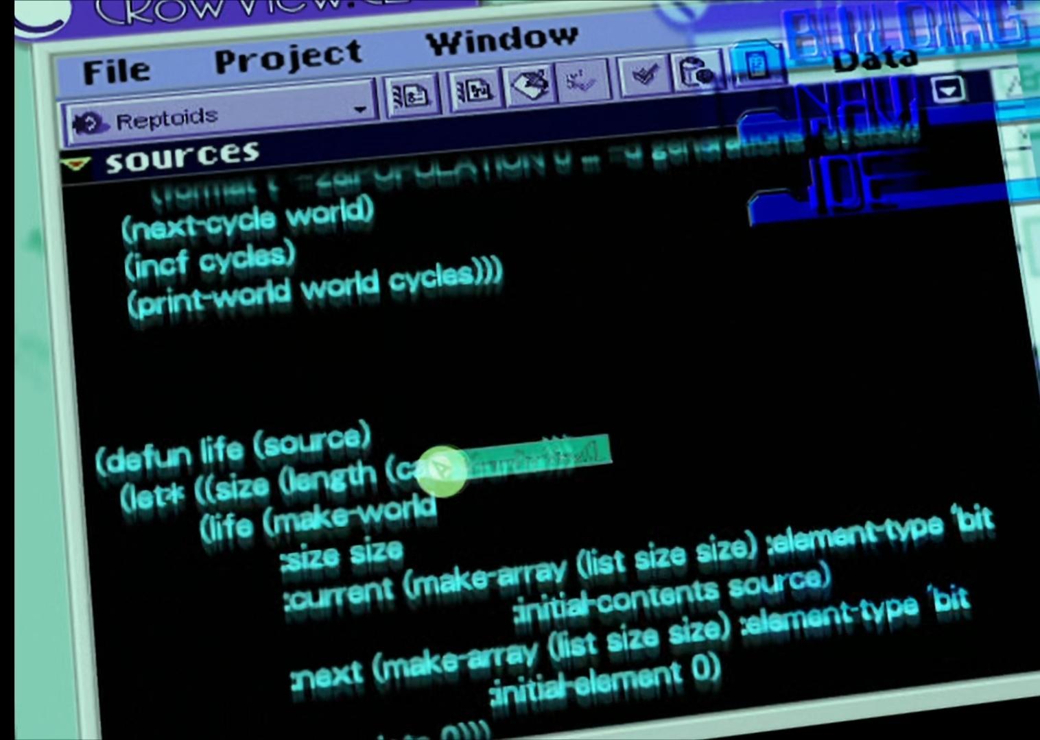 Screenshot from the anime "Serial Experiments Lain" depicting a window of a code editor and a few lines of code in some dialect of Lisp.